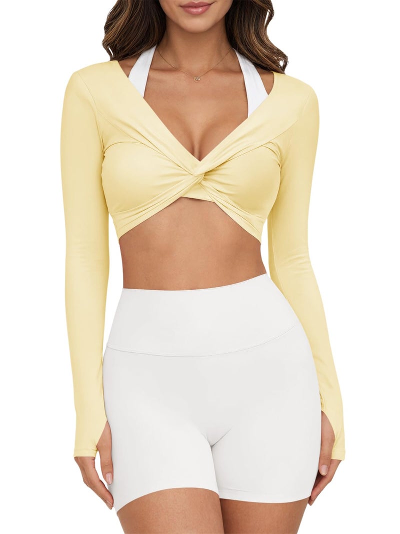Yousify Womens Long Sleeve Workout Crop Tops Twist Deep V Neck Y2k Yoga Pilates Ballet T Shirt Top with Thumb Holes Yellow - Image 2