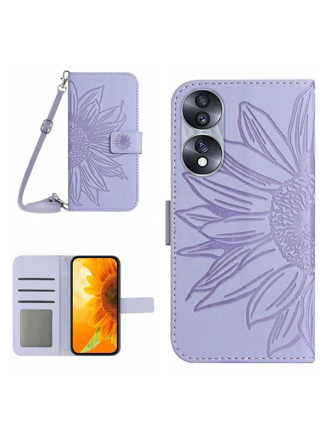 اس-توب جراب هاتف Honor 70 من الجلد بتصميم زهرة الشمس مع حبل تعليق - Image 1