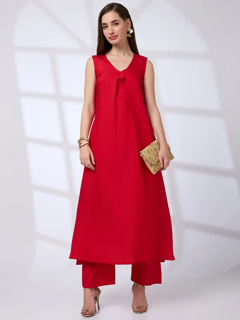 globus Women V-Neck Tassel Detail A-Line Kurta & Straight Pants Fusion Set