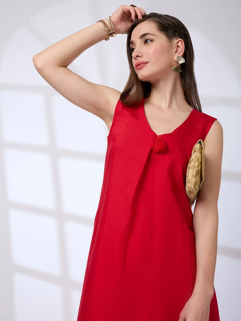 globus Women V-Neck Tassel Detail A-Line Kurta & Straight Pants Fusion Set