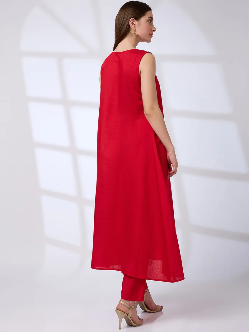 globus Women V-Neck Tassel Detail A-Line Kurta & Straight Pants Fusion Set