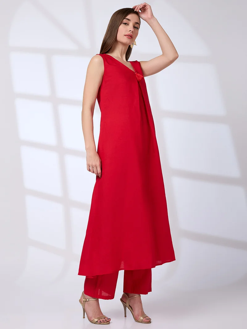 globus Women V-Neck Tassel Detail A-Line Kurta & Straight Pants Fusion Set