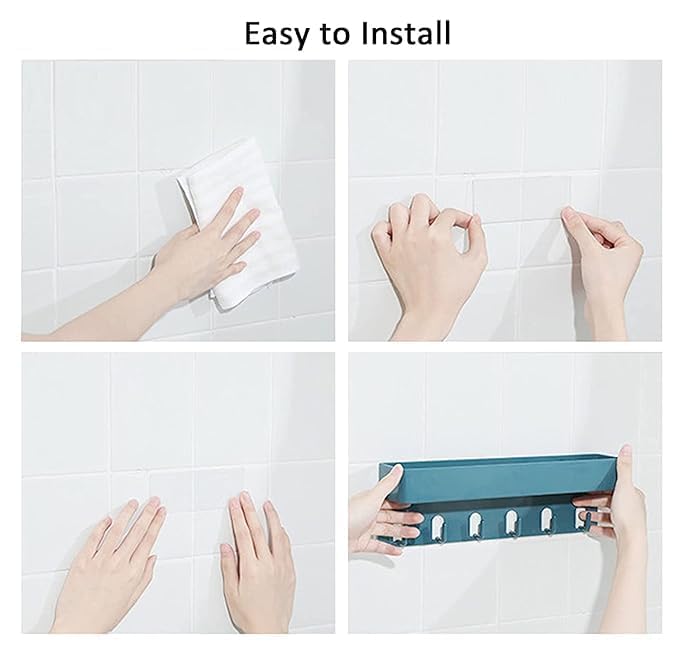 Bathroom Shelf, Plastic Bathroom Rack with 6 Hook, Wall Mounted Bathroom Shelf, Kitchen Rack, Multipurpose Plastic Wall Shelf, Self Adhesive Wall Mounted Storage Rack Storage Rack with Magic Sticker  - Image 5