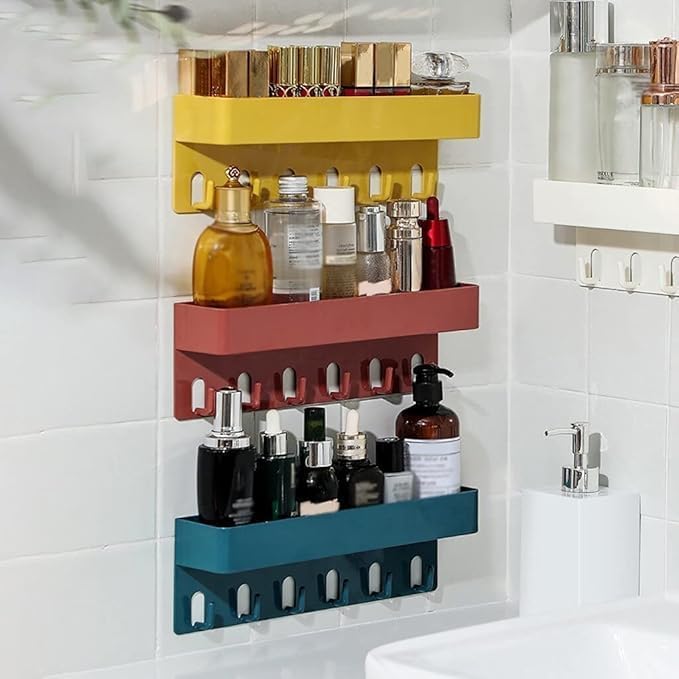 Bathroom Shelf, Plastic Bathroom Rack with 6 Hook, Wall Mounted Bathroom Shelf, Kitchen Rack, Multipurpose Plastic Wall Shelf, Self Adhesive Wall Mounted Storage Rack Storage Rack with Magic Sticker  - Image 3