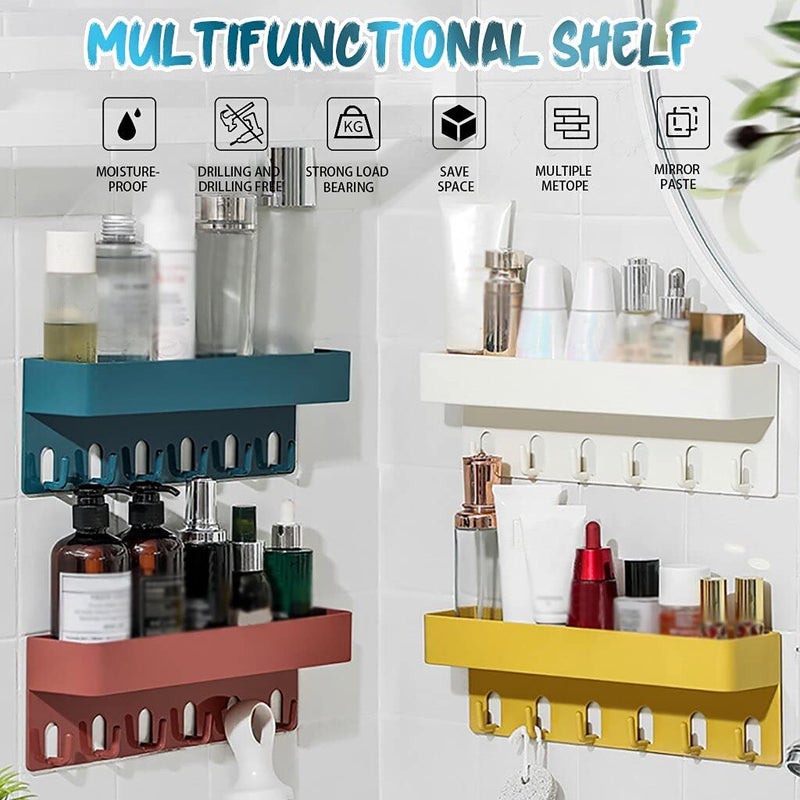 Bathroom Shelf, Plastic Bathroom Rack with 6 Hook, Wall Mounted Bathroom Shelf, Kitchen Rack, Multipurpose Plastic Wall Shelf, Self Adhesive Wall Mounted Storage Rack Storage Rack with Magic Sticker  - Image 2