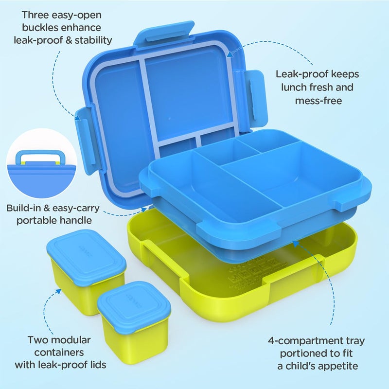 Caperci Bento Lunch Box for Kids - Large 4.8 Cups Lunch Container with 2 Modular Containers - 4 Compartments, Leak-Proof, Portable Handle, Microwave/Dishwasher Safe (Blue/Juicy Pear) - Image 4
