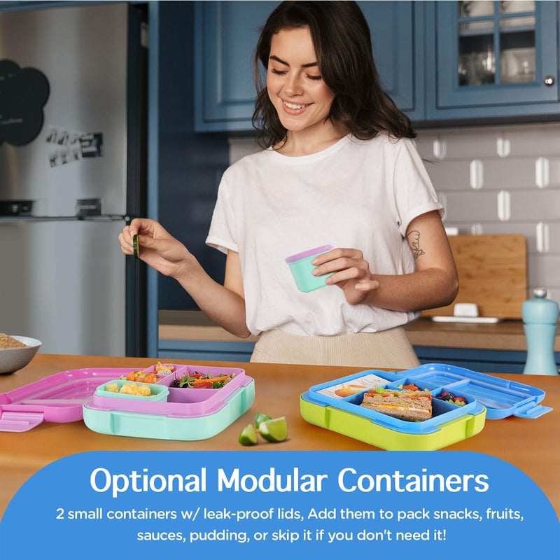 Caperci Bento Lunch Box for Kids - Large 4.8 Cups Lunch Container with 2 Modular Containers - 4 Compartments, Leak-Proof, Portable Handle, Microwave/Dishwasher Safe (Blue/Juicy Pear) - Image 2