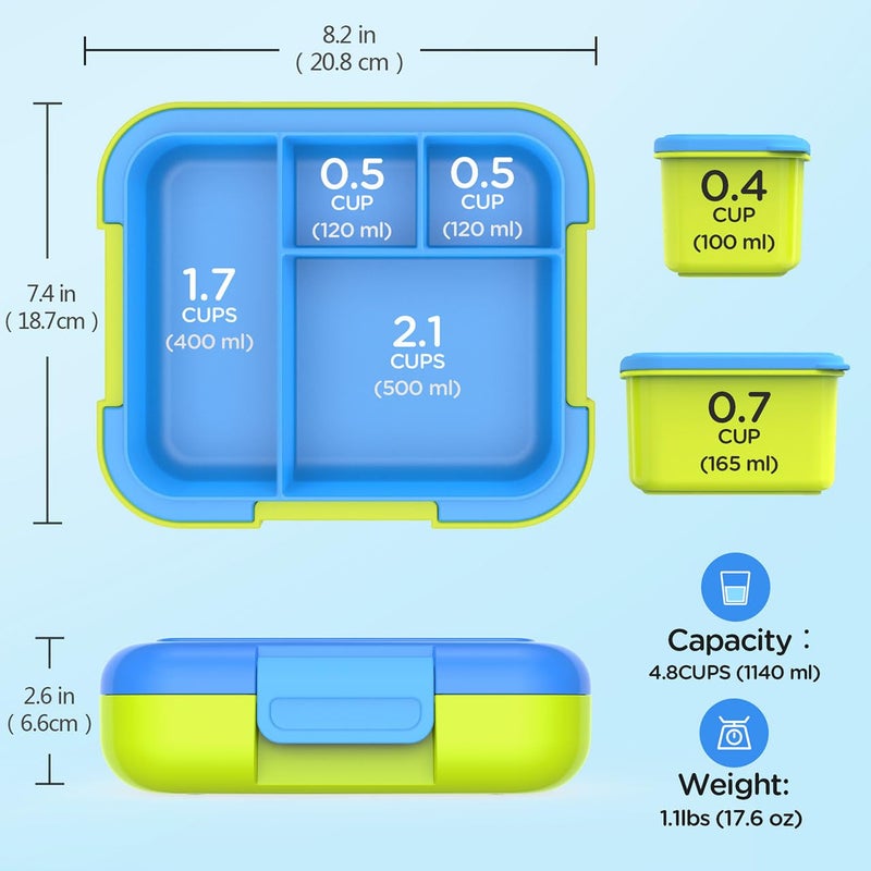 Caperci Bento Lunch Box for Kids - Large 4.8 Cups Lunch Container with 2 Modular Containers - 4 Compartments, Leak-Proof, Portable Handle, Microwave/Dishwasher Safe (Blue/Juicy Pear) - Image 5