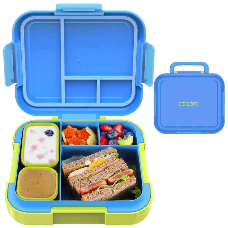 Caperci Bento Lunch Box for Kids - Large 4.8 Cups Lunch Container with 2 Modular Containers - 4 Compartments, Leak-Proof, Portable Handle, Microwave/Dishwasher Safe (Blue/Juicy Pear) - Image 1
