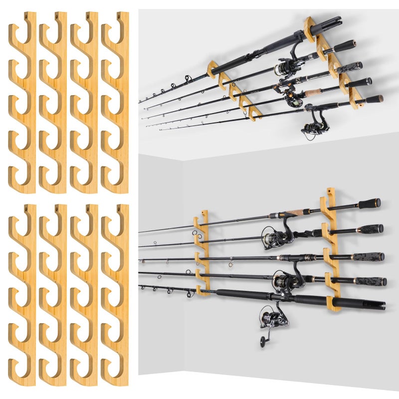 PLUSINNO WH5 Horizontal Fishing RodPole Holders for Garage Wall or Ceiling Mounted Rack Solid Wood Fishing Rod Holder Holds up to 51020 Rods or Combos Fishing Gear Gifts for Men