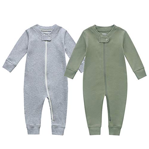 Owlivia Organic Cotton Baby Boy Girl Zip up Sleep N Play, Footless, Long Sleeve(6-12 Months, Dark Grey Melange & Olive Green) - Image 1