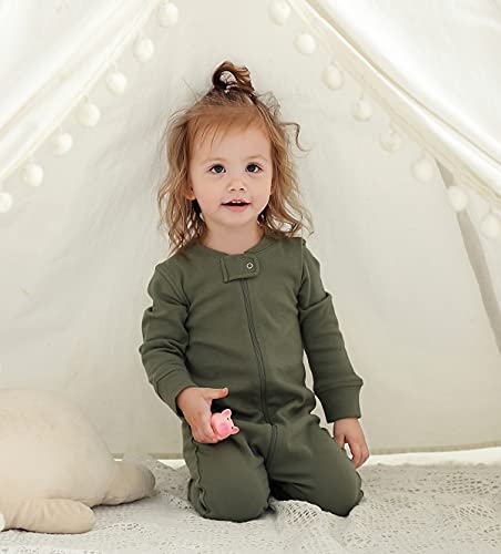 Owlivia Organic Cotton Baby Boy Girl Zip up Sleep N Play, Footless, Long Sleeve(6-12 Months, Dark Grey Melange & Olive Green) - Image 2