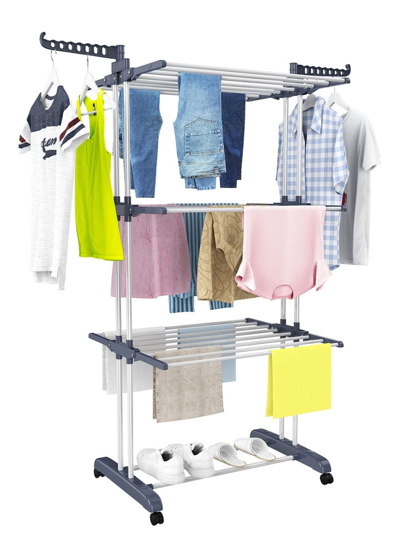 MIXDE Clothes Drying Rack Oversized 4-Tier(67.7" High) Foldable Stainless Steel Drying Rack Clothing Movable Drying Rack with 4 castors 24 Drying Poles 14 Hooks for Bed Linen Clothing - Image 1