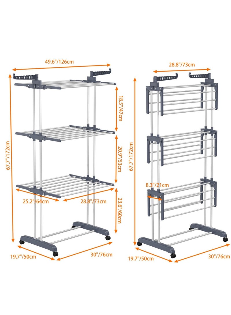 MIXDE Clothes Drying Rack Oversized 4-Tier(67.7" High) Foldable Stainless Steel Drying Rack Clothing Movable Drying Rack with 4 castors 24 Drying Poles 14 Hooks for Bed Linen Clothing - Image 3