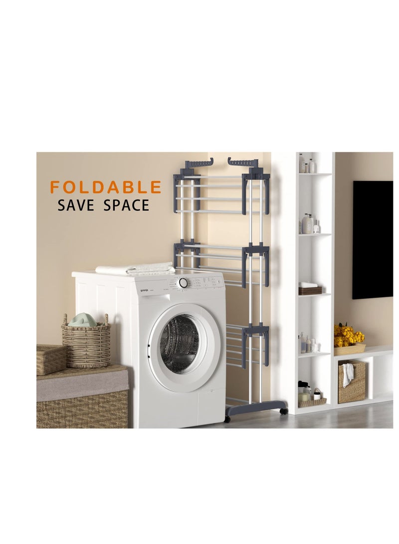 MIXDE Clothes Drying Rack Oversized 4-Tier(67.7" High) Foldable Stainless Steel Drying Rack Clothing Movable Drying Rack with 4 castors 24 Drying Poles 14 Hooks for Bed Linen Clothing - Image 2