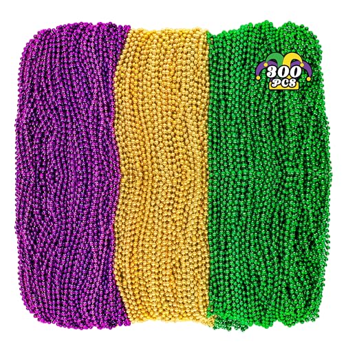 Huskein 300PCS Mardi Gras Beads 33 Mardi Gras Beads Necklace Purple Gold Green Bead Necklace Party Costume Parade Favors Bulk for Carnival Christmas Party Favors - Image 1