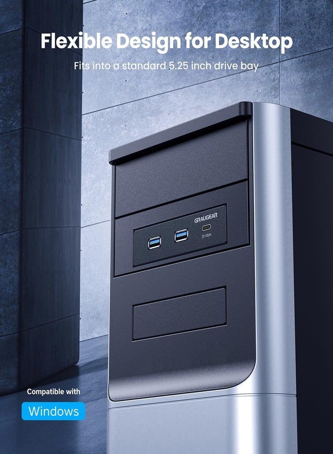 GRAUGEAR 5.25 Inch Internal USB Hub Front Panel - USB‑C 20Gbps + 2X USB‑A 5Gbps, Dual 2.5″ SSD/HDD Bays, Fits 5.25″ Bay, USB 3.2 A-Key 20-Pin & USB3.0 19‑Pin Headers, PC Case Desktop Expansion - Image 3