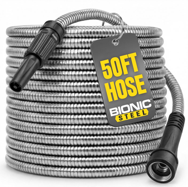BIONIC STEEL 50 Ft Metal Garden Hose with Sprayer Nozzle, Non Kinking Designed Stainless Steel Heavy Duty Water Hose 50Ft x 5/8 in. Ultra Flexible NON Expandable for Uninterrupted Water Flow, 500 PSI - Image 1