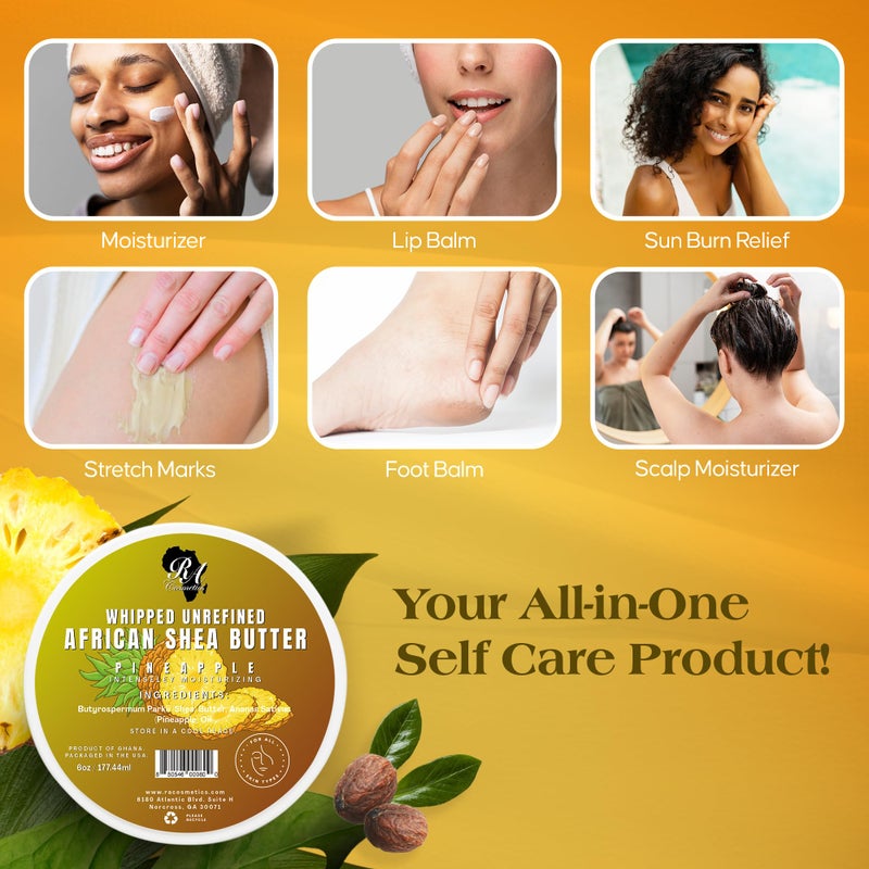 RA COSMETICS زبدة الشيا المخفوقة من RA COSMETICS بنكهة الأناناس - 6 أونصات | 100% زبدة شيا أفريقية نقية وطبيعية للرجال والنساء - مرطب يدوي الصنع النهائي مع الفيتامينات الأساسية لبشرة متألقة - Image 3