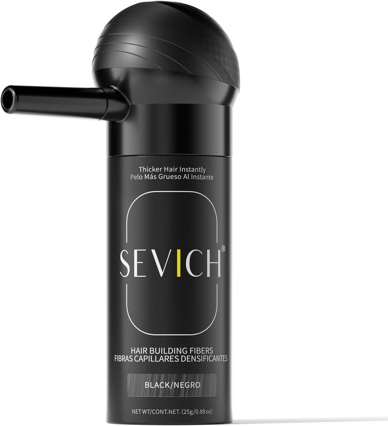 SEVICH Hair Fibres with Spray Applicator - Natural Looking Hair Thickening Fibres for Men and Women, Instant Fullness, Wind and Water Resistant, Easy Washable - 25g Black - Image 1