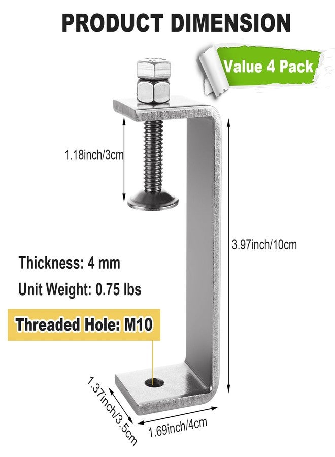 AKOLAFE 4 Pack Heavy Duty C Clamps Set 4 Inch Desk Clamp Mount Bulk 69-93 MM Adjustable C-Clamps with M10 Hole Stainless Steel U Clamp Small G Clamp Metal Tiger Clamps for Woodworking Welding Building - Image 2