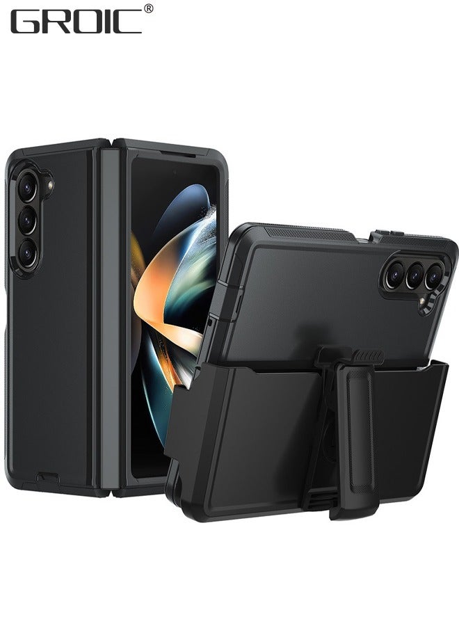 GROIC Samsung Galaxy Z Fold 5 Black Case Built-in Screen Protector & Kickstand, Thin Silkly PC & Anti-Slip TPU Bumper Shockproof Matte Cover - Image 1