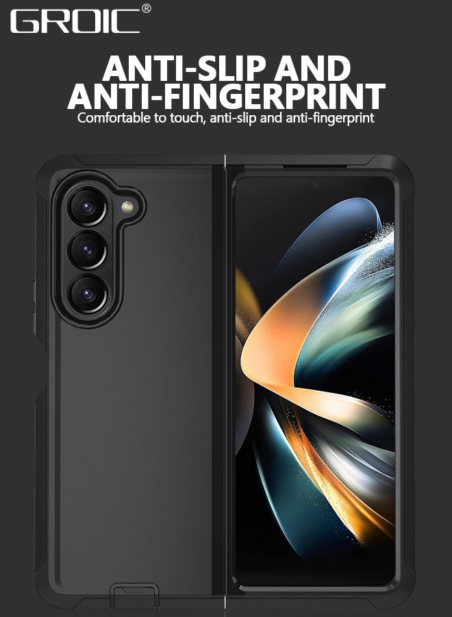 GROIC Samsung Galaxy Z Fold 5 Black Case Built-in Screen Protector & Kickstand, Thin Silkly PC & Anti-Slip TPU Bumper Shockproof Matte Cover - Image 3