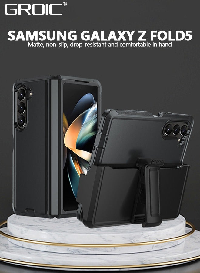GROIC Samsung Galaxy Z Fold 5 Black Case Built-in Screen Protector & Kickstand, Thin Silkly PC & Anti-Slip TPU Bumper Shockproof Matte Cover - Image 2