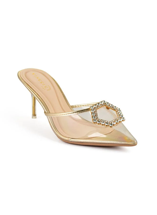 Vincci Gold Women Pointed Toe Mid Heel Sandals for Women | Best Price UAE