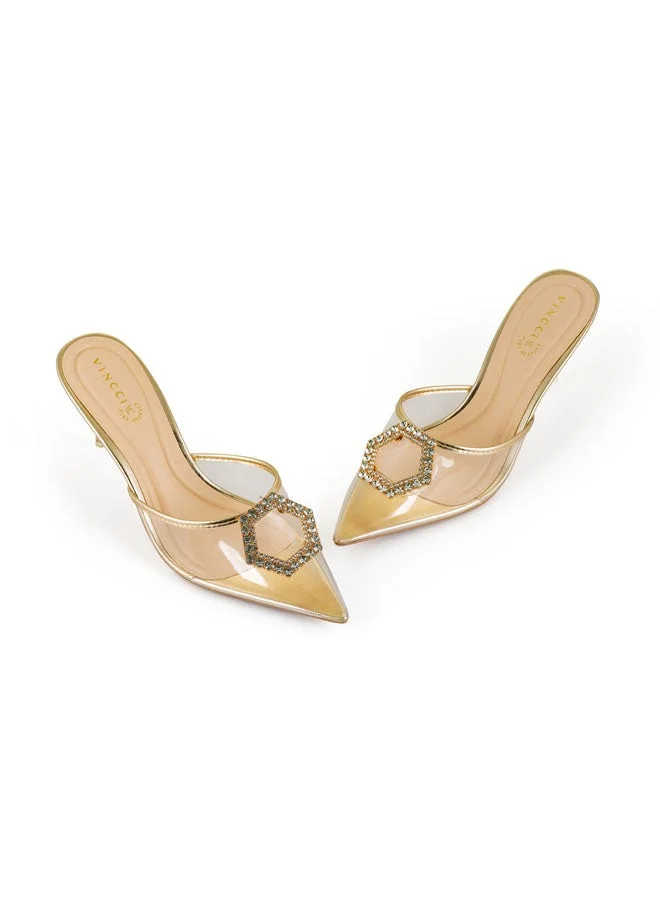 Vincci Gold Women Pointed Toe Mid Heel Sandals for Women | Best Price UAE