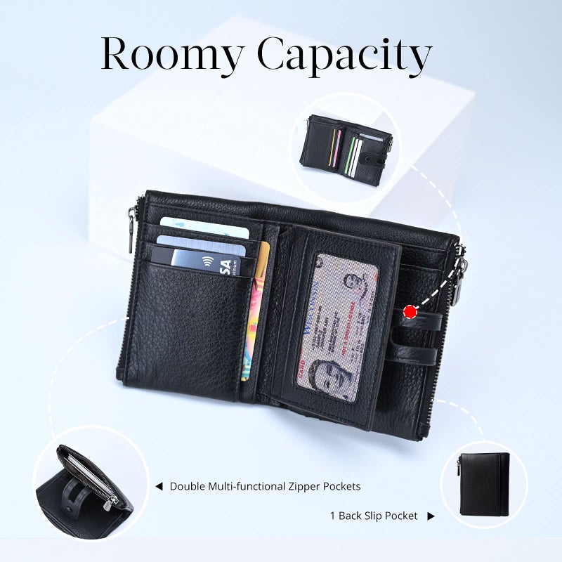 Bveyzi Small Soft Leather Wallet for Women RFID Blocking Ladies Card Holder with Double Zipper Pocket (Black) - Image 3