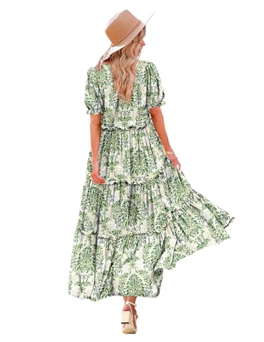 YESNO Summer Casual Bohemian Floral Dresses for Women Puff Short Sleeve Long Maxi Dress with Pockets (M ETX CR425) - Image 5