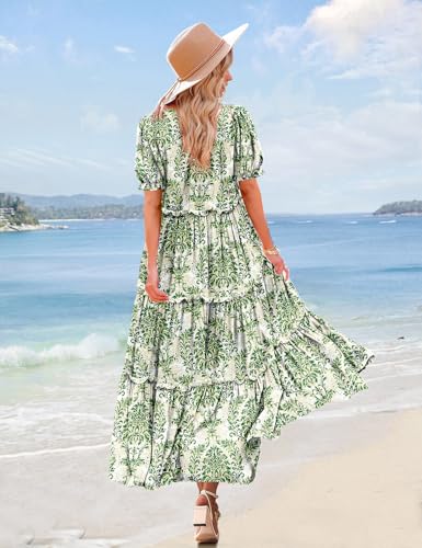 YESNO Summer Casual Bohemian Floral Dresses for Women Puff Short Sleeve Long Maxi Dress with Pockets (M ETX CR425) - Image 4