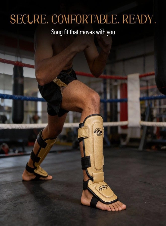 LEW Aurum Challenger Shin Guard for MMA & Kickboxing | Synthetic Leather | Multi-Layer Foam Protection | Adjustable Straps with Elastic Instep | Gold & Black Martial Arts Leg Guard - Image 4