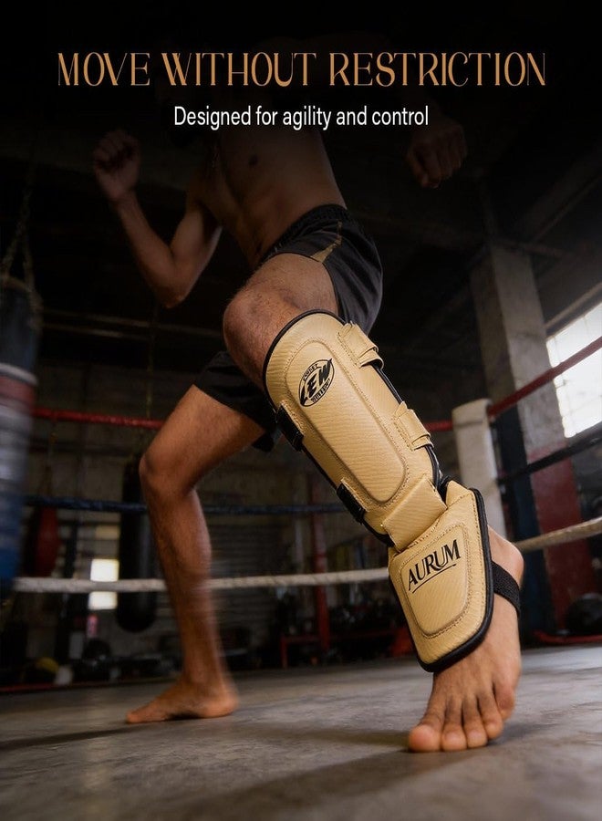 LEW Aurum Challenger Shin Guard for MMA & Kickboxing | Synthetic Leather | Multi-Layer Foam Protection | Adjustable Straps with Elastic Instep | Gold & Black Martial Arts Leg Guard - Image 5