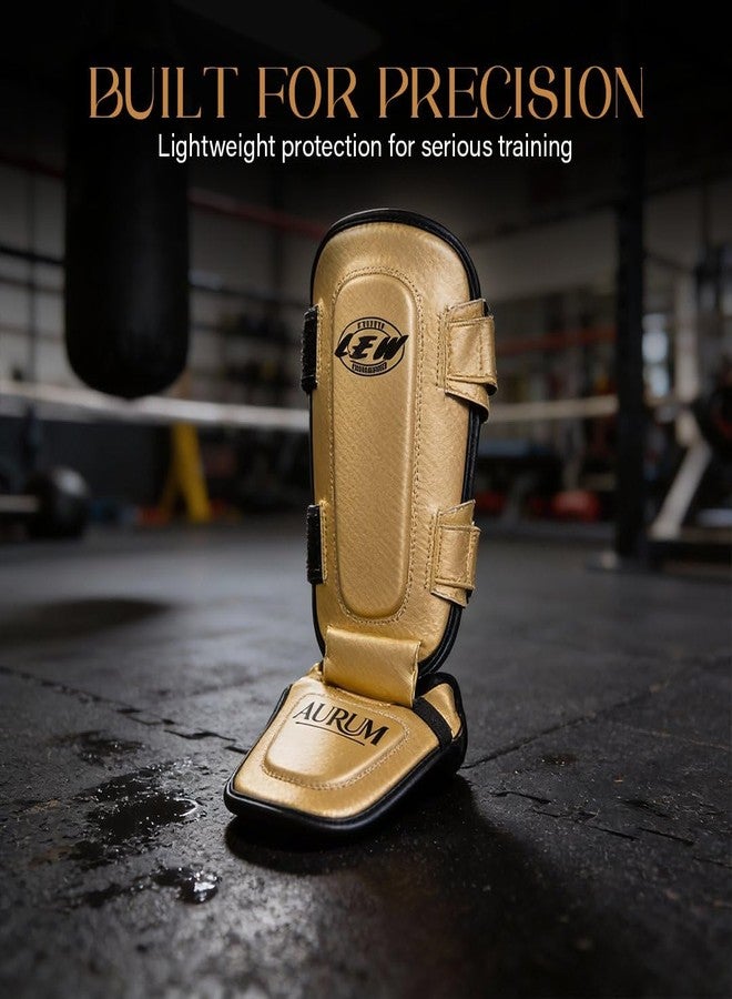LEW Aurum Challenger Shin Guard for MMA & Kickboxing | Synthetic Leather | Multi-Layer Foam Protection | Adjustable Straps with Elastic Instep | Gold & Black Martial Arts Leg Guard - Image 3