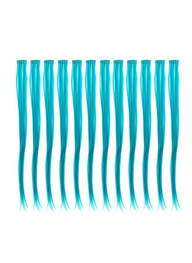 SWACC 12 Pcs Straight One Color Party Highlights Clip on in Hair Extensions Colored Hair Streak Synthetic Hairpieces (Teal Blue) - Image 1