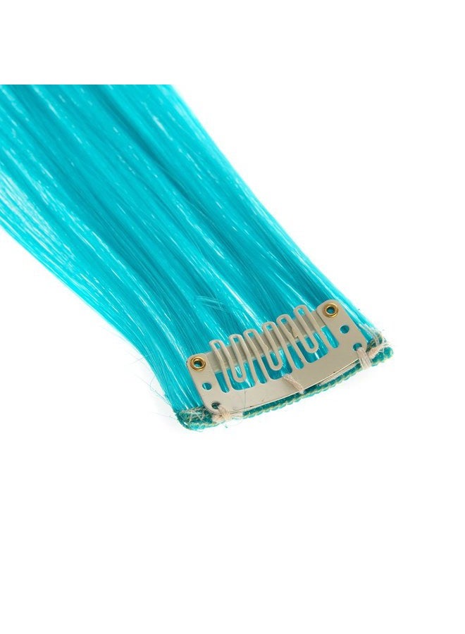 SWACC 12 Pcs Straight One Color Party Highlights Clip on in Hair Extensions Colored Hair Streak Synthetic Hairpieces (Teal Blue) - Image 3