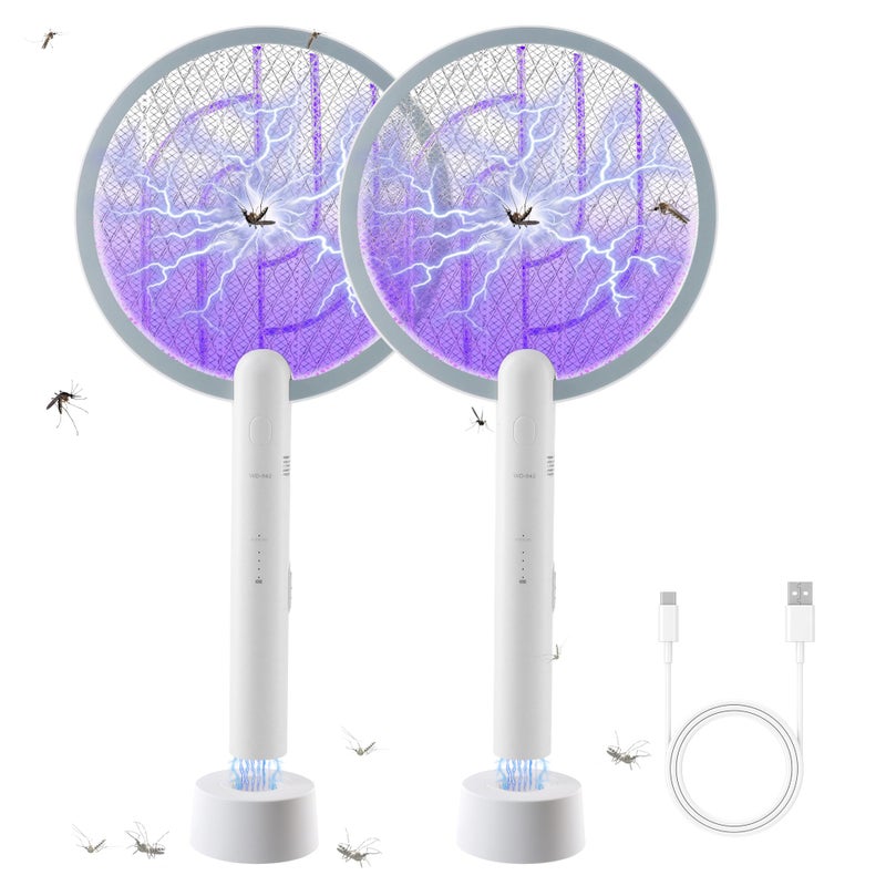 Bug Parking Electric Fly Swatter 3000V Bug Zapper Racket, 1200mAh Rechargeable Raqueta Electrica Mosquitos Hand Held Dual Modes Mosquito Killer with Purple Mosquito Light for Indoor Outdoor - 2Pack - Image 1