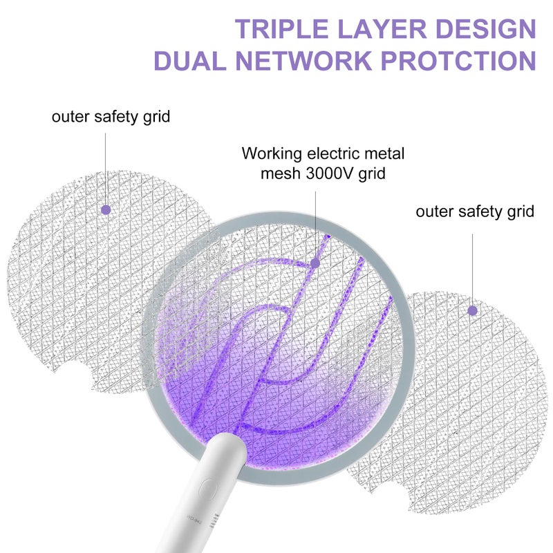 Bug Parking Electric Fly Swatter 3000V Bug Zapper Racket, 1200mAh Rechargeable Raqueta Electrica Mosquitos Hand Held Dual Modes Mosquito Killer with Purple Mosquito Light for Indoor Outdoor - 2Pack - Image 5