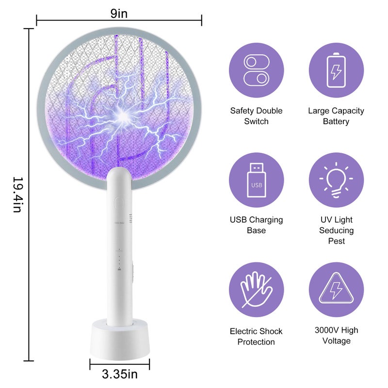 Bug Parking Electric Fly Swatter 3000V Bug Zapper Racket, 1200mAh Rechargeable Raqueta Electrica Mosquitos Hand Held Dual Modes Mosquito Killer with Purple Mosquito Light for Indoor Outdoor - 2Pack - Image 4