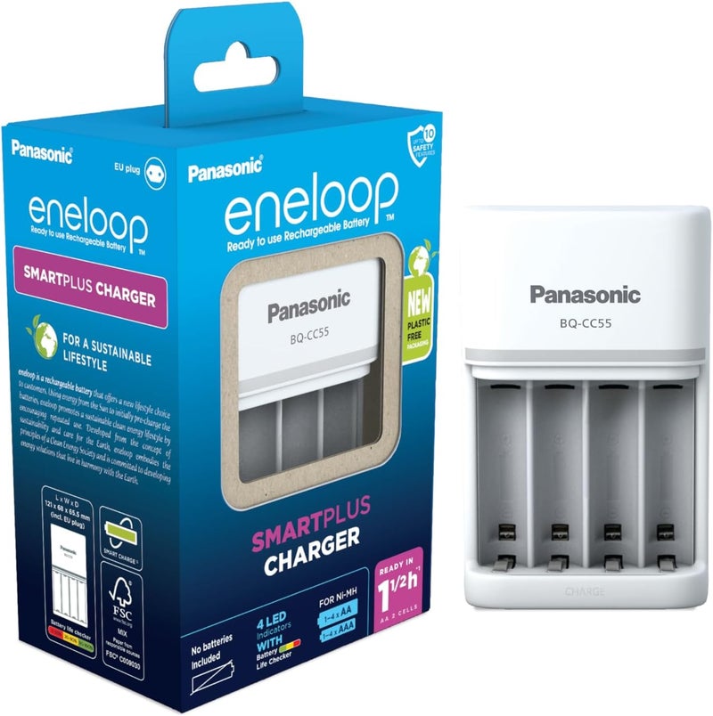 شاحن بطاريات Panasonic SmartPlus لـ 1-4 بطاريات AA/AAA من نوع Ni-MH مع 4 مؤشرات LED و10 ميزات أمان