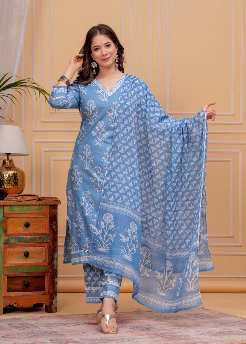 MEERA FAB Women's Cotton Blend Straight Printed Kurta with Palazzo & Dupatta, Blue, Medium - Image 2