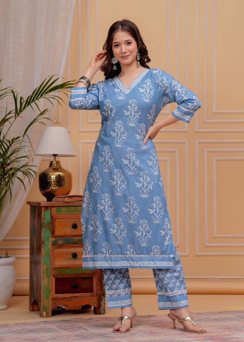 MEERA FAB Women's Cotton Blend Straight Printed Kurta with Palazzo & Dupatta, Blue, Medium - Image 5
