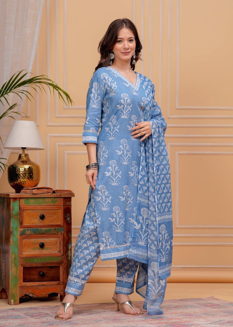 MEERA FAB Women's Cotton Blend Straight Printed Kurta with Palazzo & Dupatta, Blue, Medium - Image 4