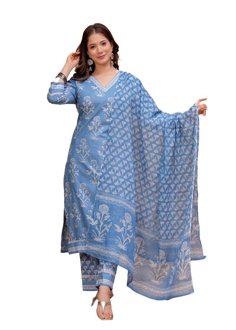 MEERA FAB Women's Cotton Blend Straight Printed Kurta with Palazzo & Dupatta, Blue, Medium - Image 1