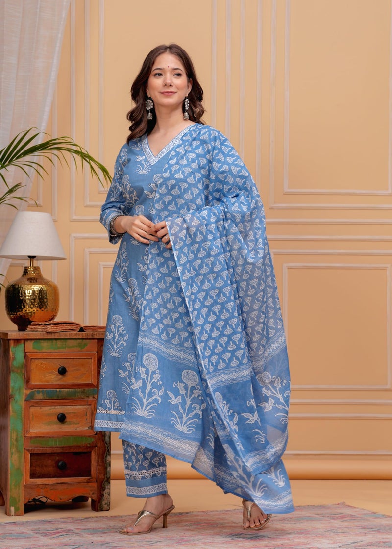 MEERA FAB Women's Cotton Blend Straight Printed Kurta with Palazzo & Dupatta, Blue, Medium - Image 3