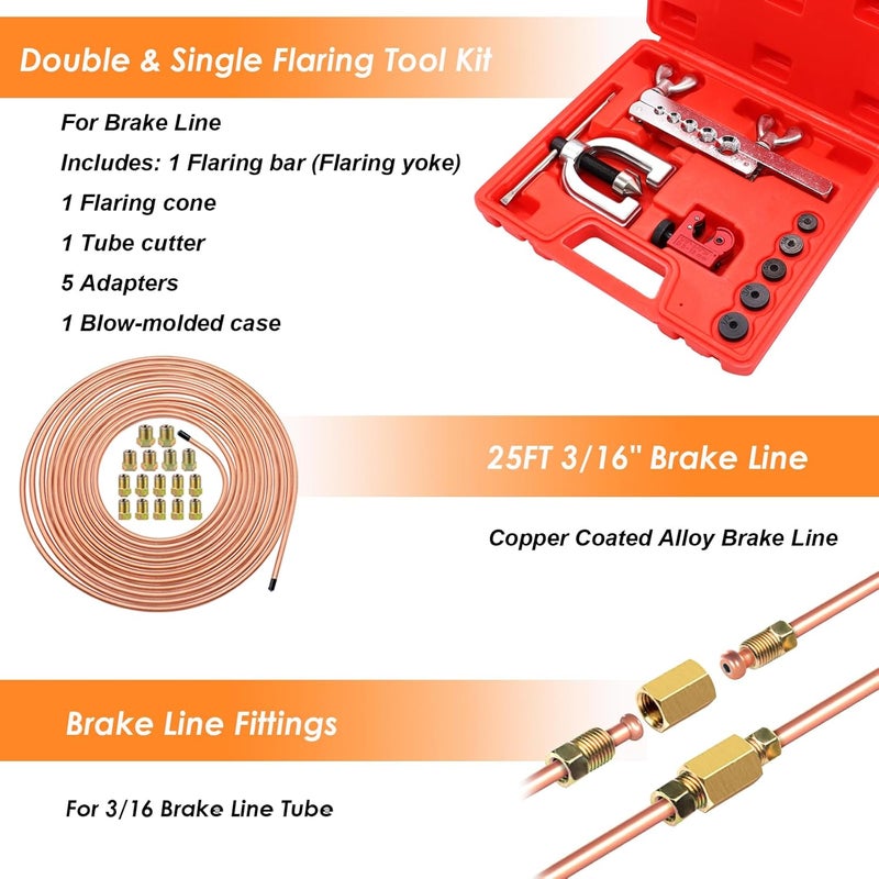 Eoppen 25 ft 3/16" Copper Coated Brake Line Tubing Kit(Includes 24 Fittings and 4 Unions) with Tube Bender and Double & Single Flaring Tool Kit - Image 2
