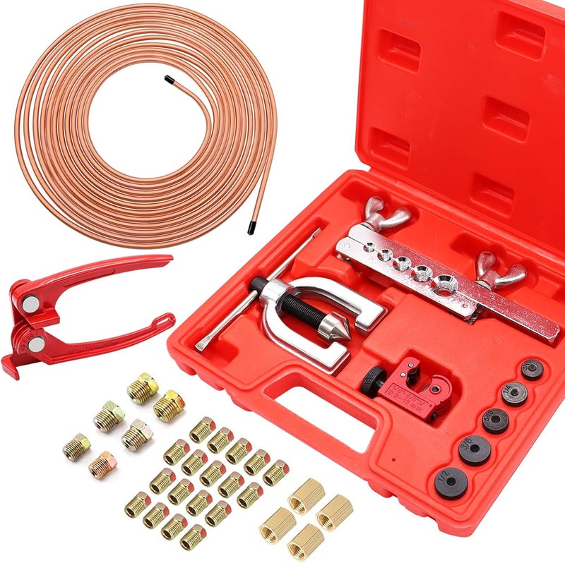 Eoppen 25 ft 3/16" Copper Coated Brake Line Tubing Kit(Includes 24 Fittings and 4 Unions) with Tube Bender and Double & Single Flaring Tool Kit - Image 1