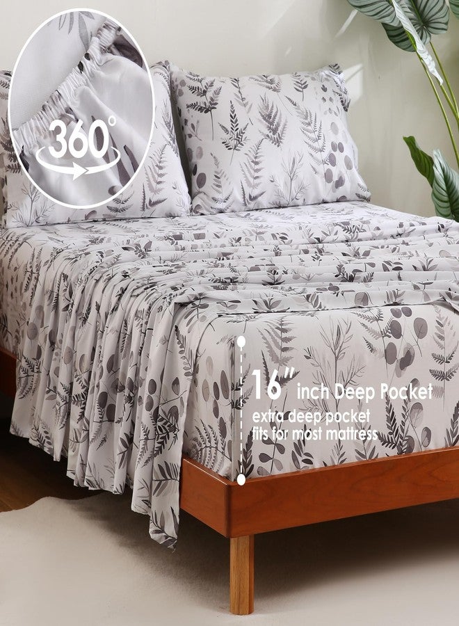JSD 100% Cotton Floral Sheet Set Twin, 300 Thread Count Printed Sateen Sheets, Soft Breathable Cooling Bed Sheets Deep Pocket, Grey White - Image 5